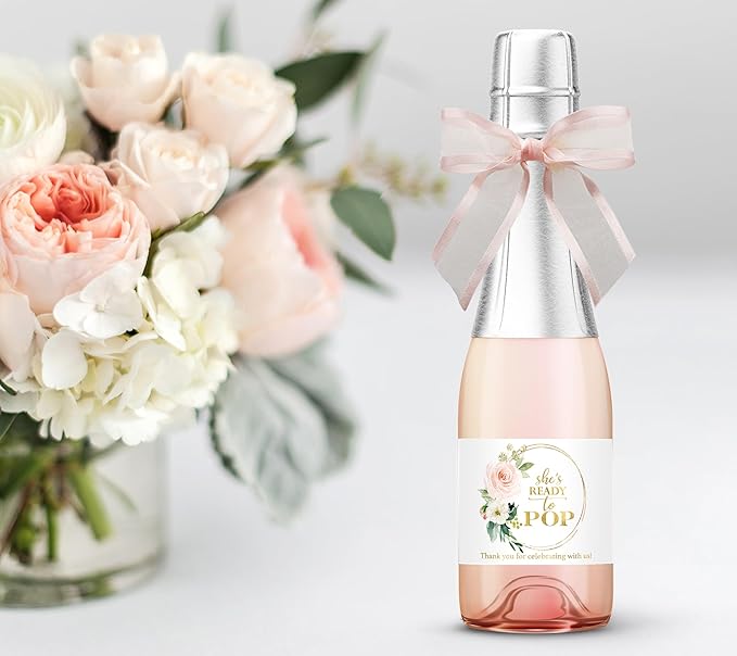 She’s Ready To POP ● SET of 18 ● Blush Rose Baby Shower Mini Champagne Labels, Thank You for Celebrating with us Faux Gold Mini Champagne Labels POP When You Get the News Favors WATERPROOF M625-POP-18