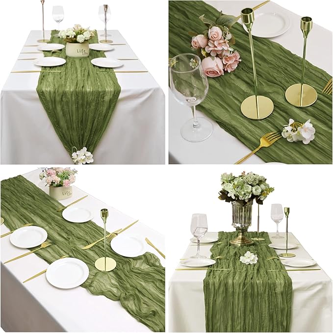8 Pack Grass Green Cheesecloth Table Runner 10Ft Boho Table Runners 35x120Inch Romantic Cheese Cloth Table Runner for Wedding Birthday Party Bridal Baby Shower Engagement Holiday Christmas Table Decor