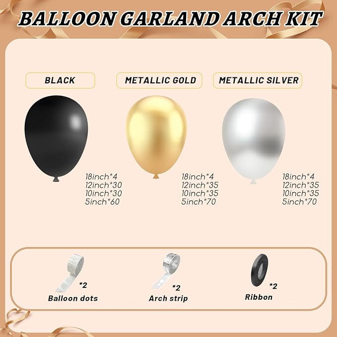 412Pcs Black Gold Silver Balloons Garland Arch Kit,18 12 10 5 Inch Different Size Latex Balloons for Graduation Birthday Wedding Party Decorations