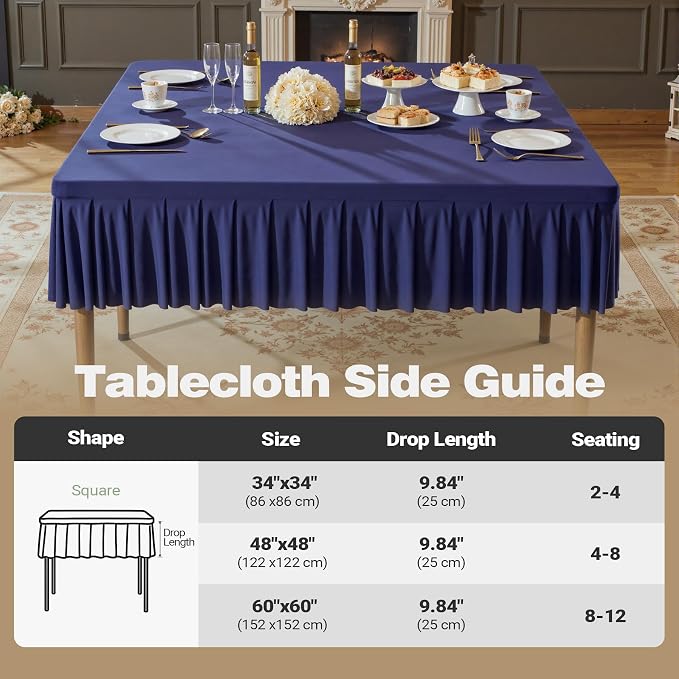 48x48 Inch Navy Blue Spandex Square Tablecloth,Wrinkle Free Navy Blue Fitted Table Cloth for Square Tables,Washable Pleated Table Cover for Wedding Birthday Cocktail Party Buffet Dinner Camping