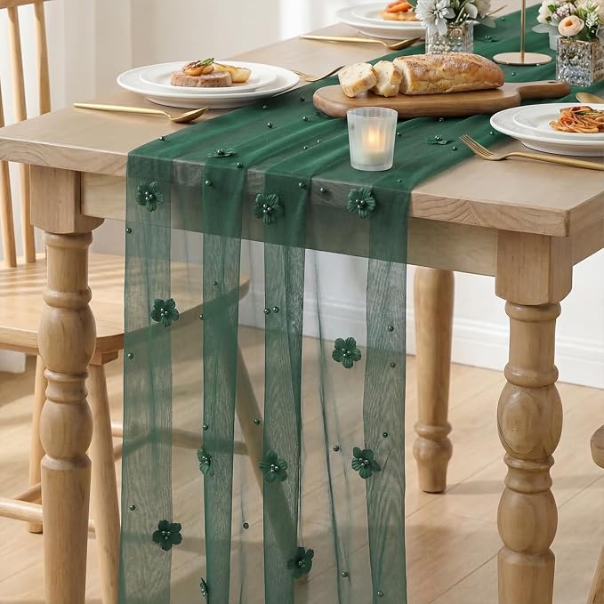 Artoid Mode Green Flower Pearl Green Gauze Table Runner 10FT, Seasonal Sheer Dining Holiday Wedding Birthday Baby Shower Table Decor for Home Party