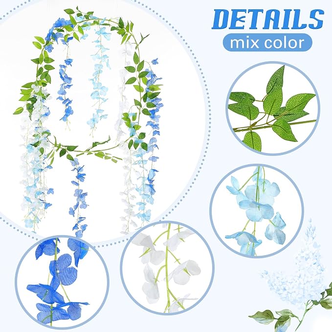 Thiccywoov 8pcs Wisteria Artificial Flowers Garland, 7.2Ft/Piece Wisteria Hanging Flowers Garland for Wedding Arch Decoration Outdoor Ceremony Home Backdrop Garden (Light Blue,Dark Blue,White)