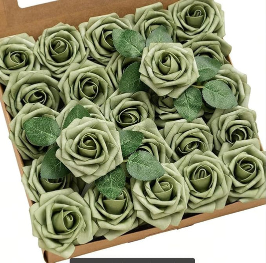 Ling's moment Artificial Flowers 50Pcs Elf Green Roses Decor w/Stems,3" DIY Foam Floral for Wedding Bouquet/Centerpieces, Outdoors Party Backdrop, Room/Table, and Garden/Pot Decorations