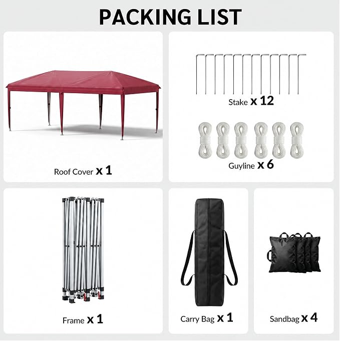 10x20 FT Portable Pop Up Canopy Tent with Sandbags, Adjustable Height Instant Gazebo Without Sidewalls,Waterproof Outdoor Canopy for Camping, Parties, Vendor Events (RED, 3m × 6m Without sidewalls)