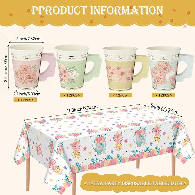 Yungyan 193 Pcs 48 Guests Tea Birthday Party Supplies Disposable Tableware Set 9 oz Paper Tea Cups with Handle 7" 9" Paper Plates Napkin Tablecloth for Floral Party Wedding Baby Shower (Sweet Style)