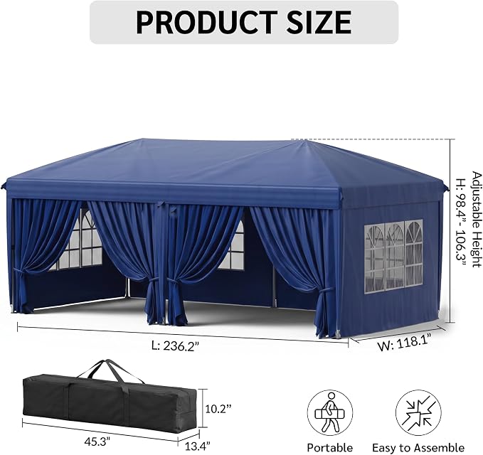 KIGOTY 10x20 FT Portable Pop Up Canopy Tent, Adjustable Height Instant Gazebo with Sidewalls, Sandbags, Waterproof Outdoor Canopy for Camping, Parties, Vendor Events (Blue, 3m × 6m with sidewalls)
