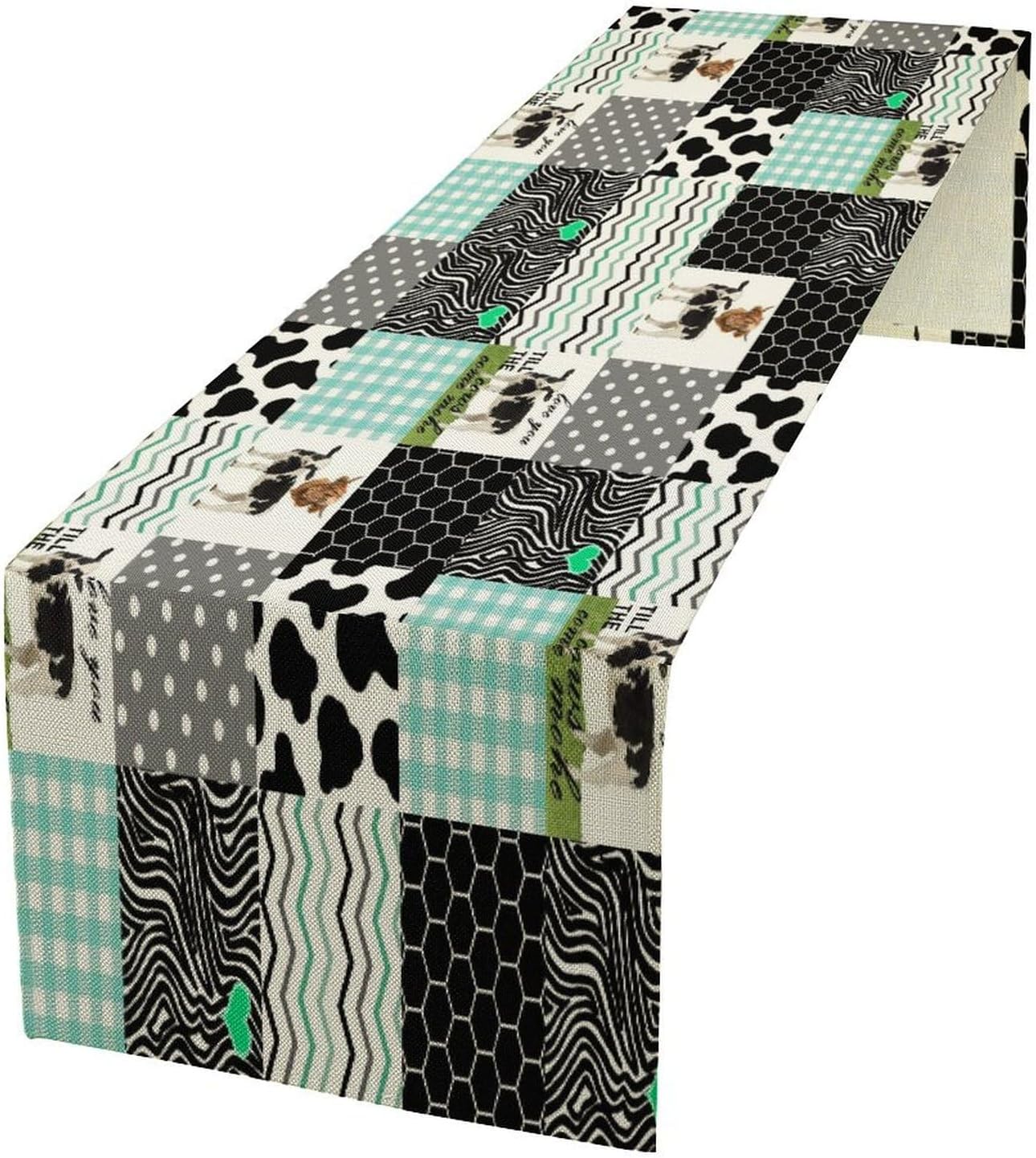 Cute Cow Print Table Runner,Farm Animals Honeycomb Plaid Stripes Cowhide Pattern Tablecloth Burlap for Hotel Indoors Outdoor Dining Room Kitchen Table Decor, 13x70in