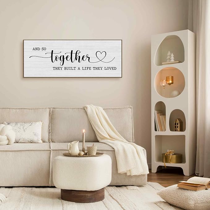 TLESKE And So Together They Built A Life They Loved Sign Large Wall Art Decor Framed 15x40, Above Bed Over Bed Canvas Wall Art Decor Print for Couples Bedroom, Rustic Bedroom Love Signs Wall Picture