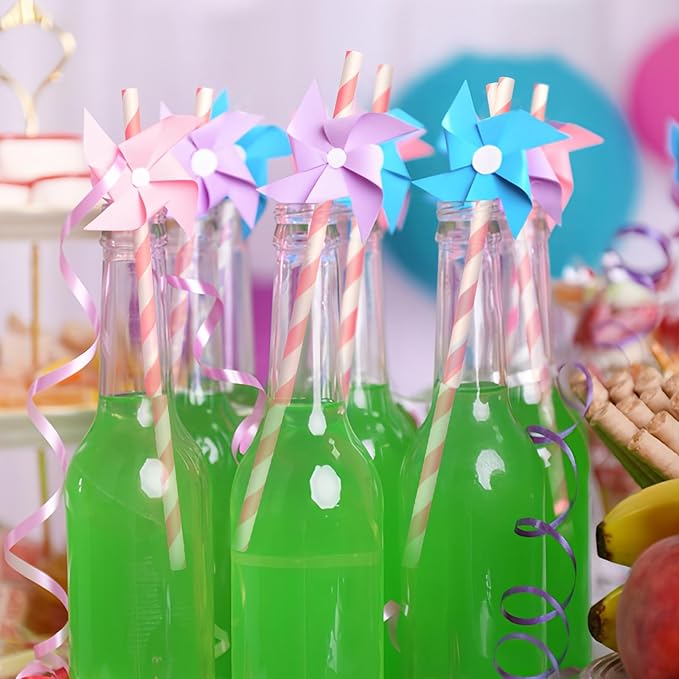 100 Packs Pink Biodegradable Striped Paper Straws, Disposable Drinking Straws for Birthday Carnival Summer Pool Party Wedding Baby Shower Halloween Christmas Party Decoration Supplies