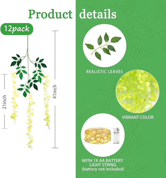 12 Pack Green Wisteria Hanging Flowers Garland with Lights, 3.44 Feet Artificial Flower Vines, Fake Wisteria, Artificial Vines Hanging Garland for Backdrop Outdoor Patio Garden Decor