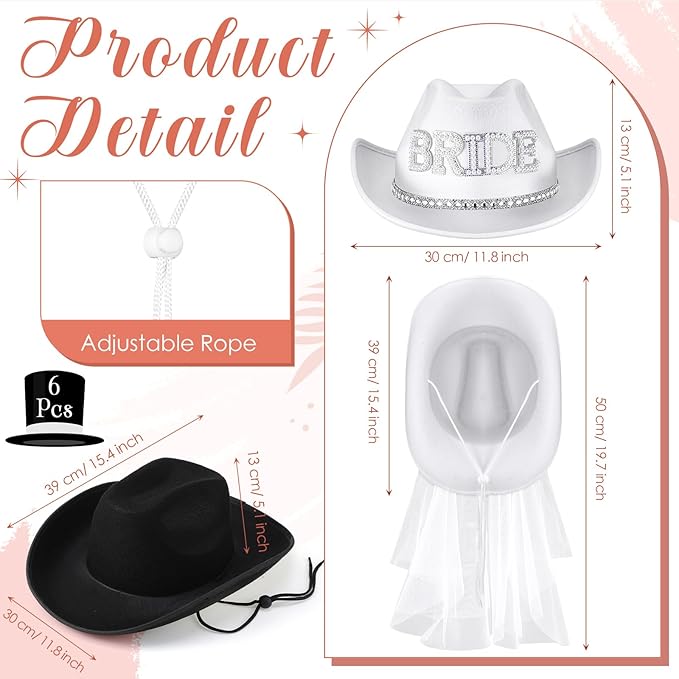 Newcotte 14 Pcs Bride Cowgirl Hat with Veil and Satin Sash Bachelorette Cowboy Hats Set for Wedding Party Bridal Shower Decor