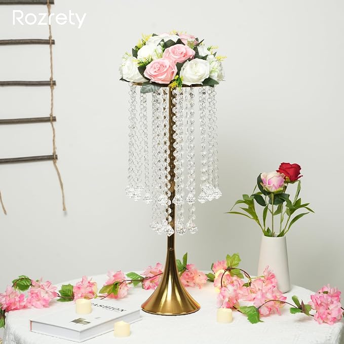 4 Pcs Gold Centerpieces for Table, Rozrety Wedding Centerpiece Vases for Tables 22inch Tall Metal Crystal Flower Stand for Party Event Wedding Anniversary Dinner Home Decorations | Rust-Resistant Metal with Crystal Drops, Versatile Style, Easy Assembly...
