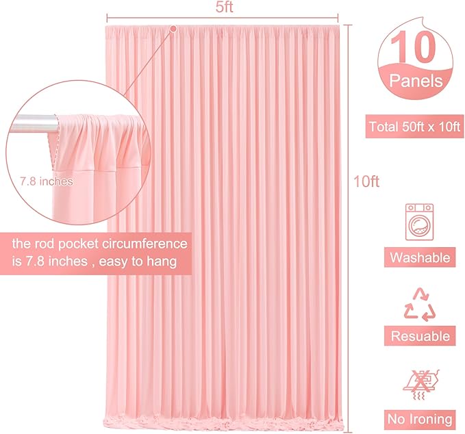 10 Panels Blush Pink Backdrop Curtain for Parties Wedding Wrinkle Free Pink Photo Curtains Backdrop Drapes Fabric Decoration for Baby Shower Birthday Party 50ft(W) x 10ft(H)