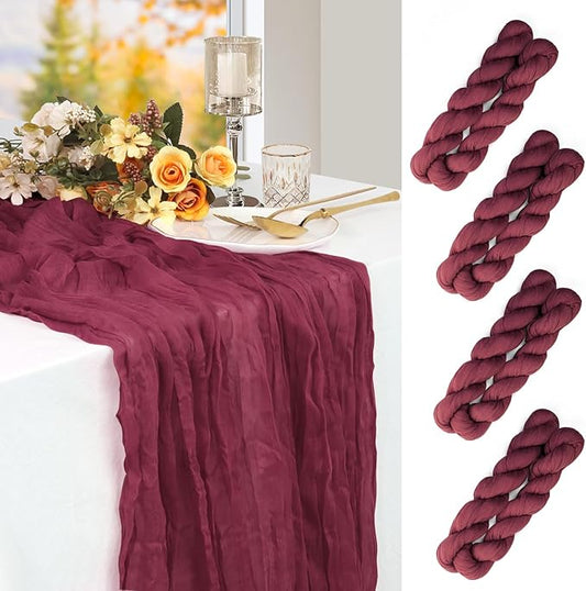 4 Pack Deep Red Cheesecloth Table Runner 10 ft, Long Boho Gauze Table Runner, Rustic Cheese Cloth Table Runner for Wedding, Dinner, Party Decoration(Deep Red 59#-4p)