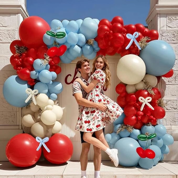 Red Blue Cherry Balloon Arch Kit Double Stuffed, Ruby Red Dusty Light Blue White Sand Ivory Balloon Garland with Long Latex Balloons for Cherry on Top Birthday Mothers Day Baby Shower Party Decor