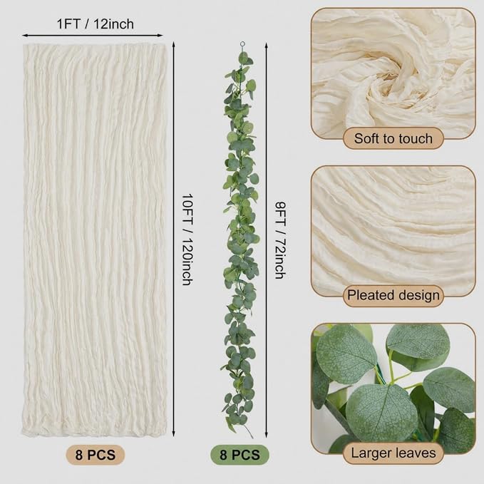 Leinuosen 8 Set 10 Ft Ivory Cheesecloth Table Runner Wedding Decor with 6 Ft Eucalyptus Garland, Boho Gauze Table Centerpiece Runner for Wedding Baby Shower Birthday Party Decoration