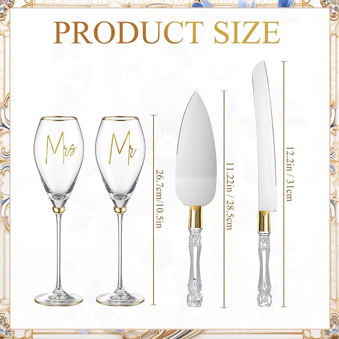 Boao 4 Pcs Wedding Cake Knife and Champagne Flutes Server Set, Wedding Reception Supplies Toasting Flutes Cylinder Champagne Glasses Cake Cutting Set for Engagement Gifts(Gold)