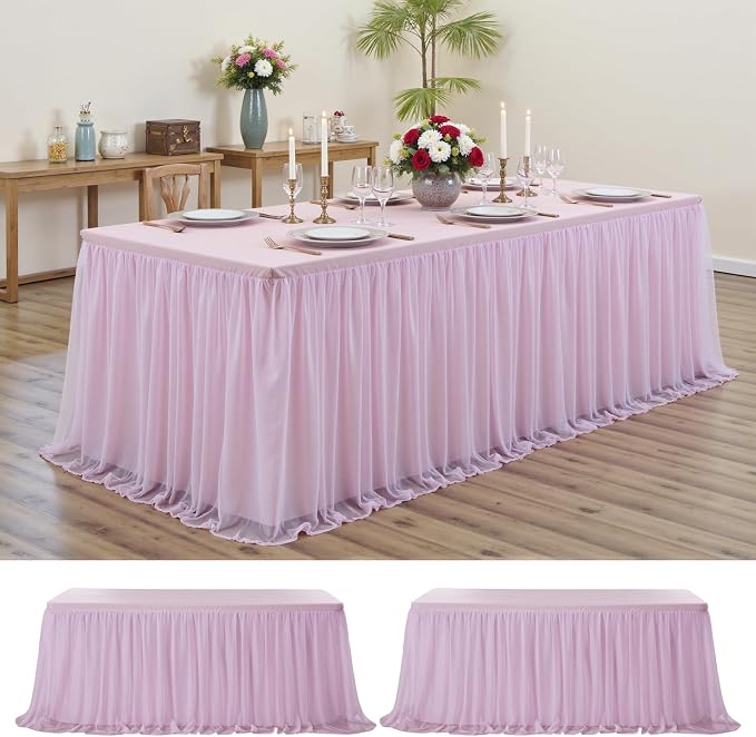 2-Pack Pink Tulle Tablecloth for 8 Ft Rectangle Tables – Elastic Spandex Table Cover with Tutu Skirt, Wrinkle Free for Wedding, Birthday Party, Banquet Buffet, Craft fairs