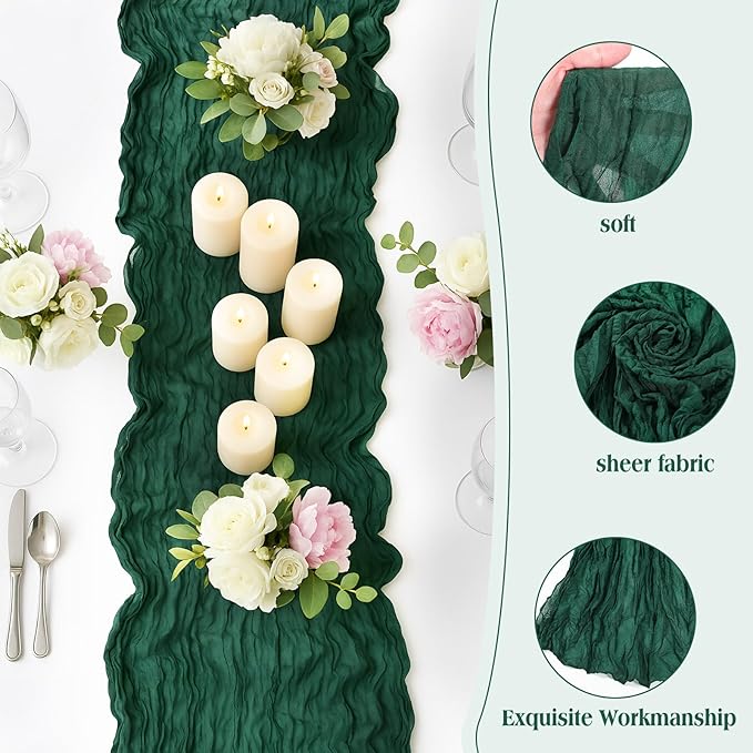 LemonRoad 4 Pcs 20ft Cheesecloth Table Runners Extra Long Boho Rustic Gauze Fabric Cheese Cloth Runner for Wedding Decorations Baby Shower Party Supplies Boho Table Bridal Shower Decor (Emerald Green)