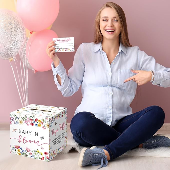 Teling 51 Pieces Diaper Raffle Tickets with Card Box Baby Shower Decorations Gender Reveal Holder Box for Girl Boy Diaper Raffle Party (Baby In Bloom)