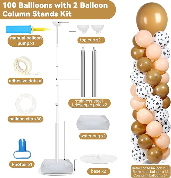 2 Sets Western Brown Cow Print Balloon Column Stand Kit with 102 Balloons Adjustable Balloon Tower Stand with Bases for Floor Cowboy Balloons Column Kit for Birthday Western Cowboy Party Decor