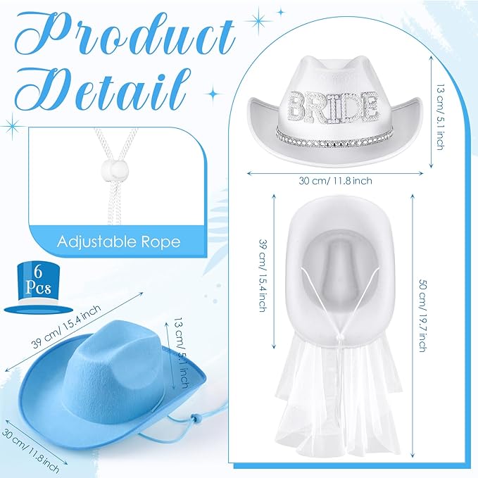 Newcotte 14 Pcs Bride Cowgirl Hat with Veil and Satin Sash Bachelorette Cowboy Hats Set for Wedding Party Bridal Shower Decor