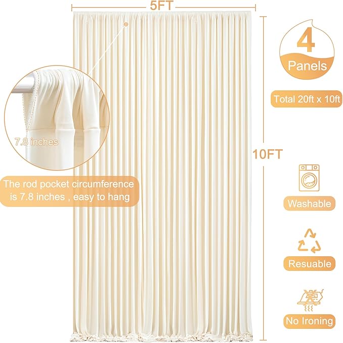 4 Panels Champagne Backdrop Curtain for Baby Shower Wrinkle Free 20ft x 10ft Backdrop Drapes Panels for Parties Wedding Bridal Shower Birthday Photo Photography Fabric Background Decoration