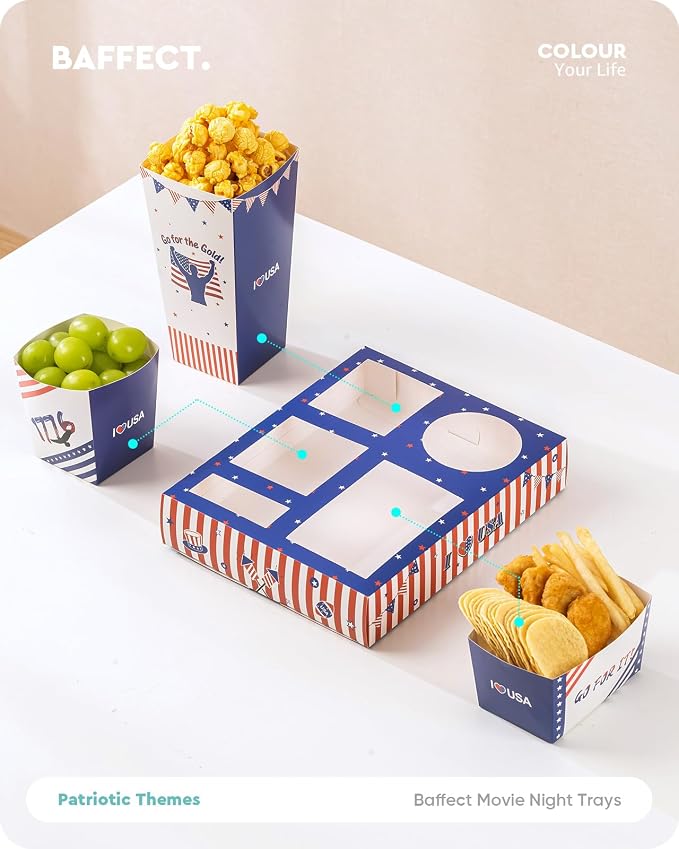 Baffect Patriotic Movie Night Snack Trays 100pcs Include 20 Red White Blue Snack Trays, 20 Popcorn Boxes, 20 Salad Bowls, 20 Nacho Bowls, 20 Party Invitations, 4th Of July Movie Night Supplies