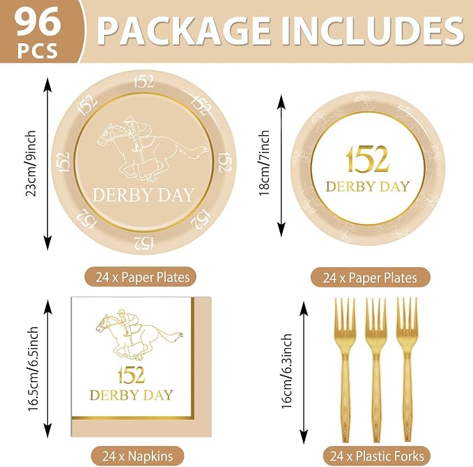 96Pcs Derby Day Party Supplies 152nd 2026 Paper Plates and Napkins Derby Day Horse Racing Tableware Disposable Dessert Dinnerware for Equestrian Enthusiasts 2026 Race Days Celebrations for 24 Guests