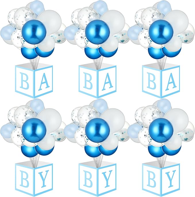 6 Sets Blue Boy Baby Shower Table Centerpiece with Paper Letter Boxes, Stand, Blue and White Balloon DIY Baby Shower Party Table Decor Kit for Boy 1st Birthday Gender Reveal Party Supplies
