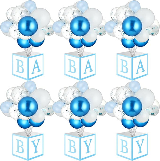 6 Sets Blue Boy Baby Shower Table Centerpiece with Paper Letter Boxes, Stand, Blue and White Balloon DIY Baby Shower Party Table Decor Kit for Boy 1st Birthday Gender Reveal Party Supplies