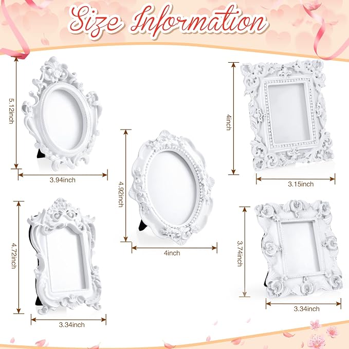 Maitys 5 Pcs Mini Picture Vintage Frames with Stands Tiny Antique Photo Baroque Ornate Resin Oval Frame Table Top Display Home Wedding Decor (White)