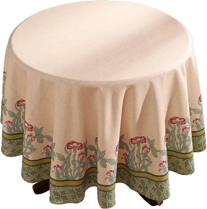 patdrea Vintage French Linen Tablecloth,Round,Diameter 55"-Cecilia D | Colorful Elegant Table Cloth for Round Table,Floral Vine Patterned,Dining Room Tea Party Thanksgiving Decor