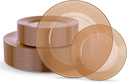 FLOWERCAT 100PCS Clear Brown Plastic Plates - Heavy Duty Plastic Plates Disposable for party &Wedding - Serve for 50Guests party (10inch & 7inch)(Mocha Mousse)