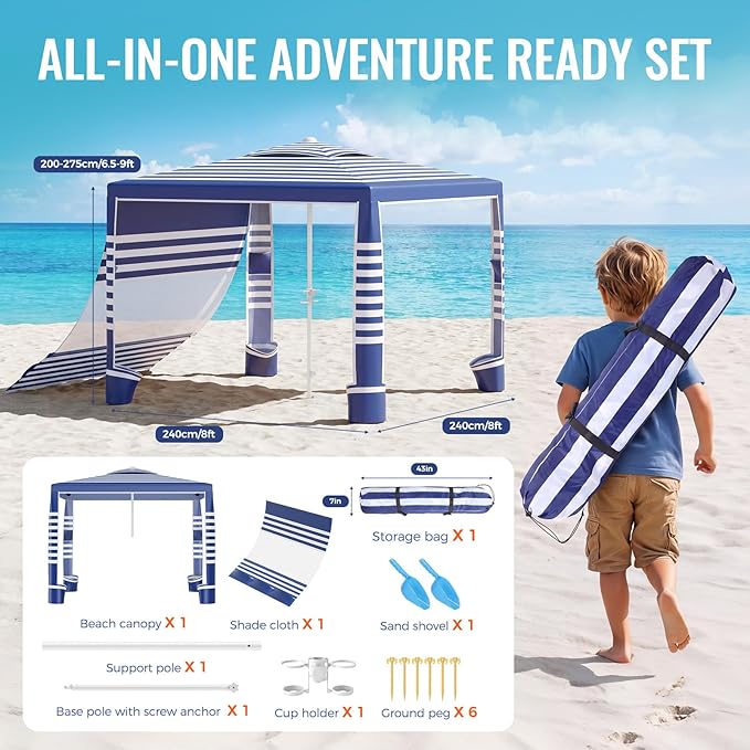 Beach Cabana, 8 x 8 ft Large Pop Up Beach Canopy Tent Sun Shelter for 6-8 Person Family, UPF 50+ UV Protection Beach Shade with Sidewall & Sandbags, Windproof Reinforced Poles for Beach Camping