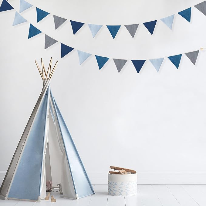 2 Sets of Blue Grey Nursery Garland 24Pcs Royal Fabric Linen Baby Banner Triangle Pennant Flags Streamers for Kids Boys Nautical Birthday Baby Shower Party Decorations Baby Bedroom Nursery Decor