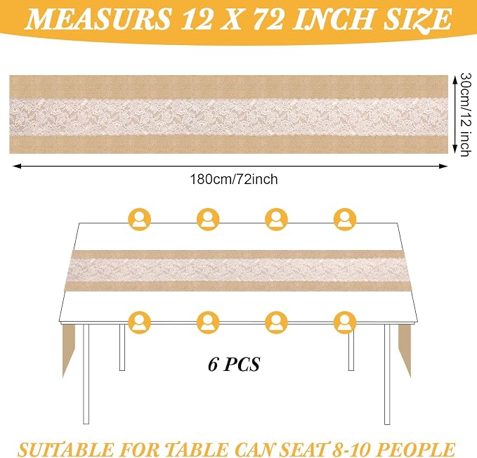 Xinnun 6 Pack Burlap Table Runner with Warm LED Lights,Rustic Lace Wedding Table Decor,Boho Farmhouse Jute Runner for Reception Bridal Shower Party(Modern,12x70 Inches)