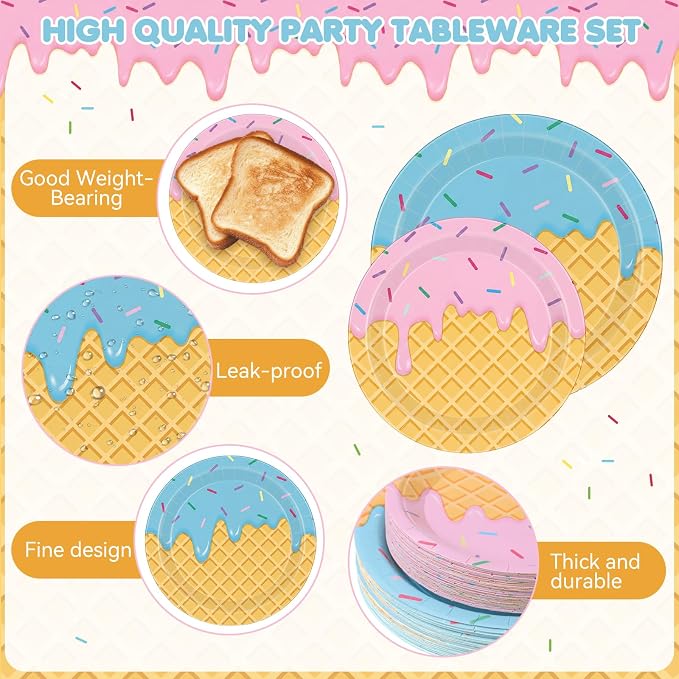 LemonRoad 452 Pcs Ice Cream Party Decorations for 50 Disposable Ice Cream Cone Tableware Set Paper Plate Cup Napkin Tablecloth Fork Straw Spoon Supplies for Birthday Sweet Summer Baby Shower Dinner