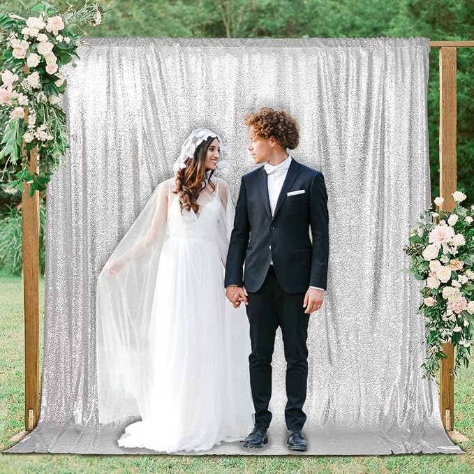 PartyDelight Silver Sequin Backdrop 6x7ft 4 Inch Rod Pocket | 3mm stitched silver sequins on mesh backing with 4 inch rod pocket for full body photos ceremony arches party walls and stage