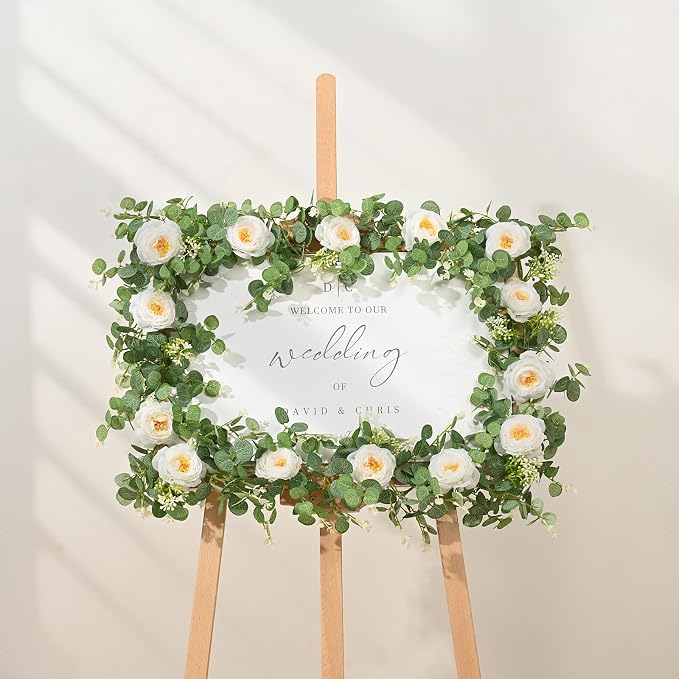 Dolicer 2Pcs 13Ft Artificial Eucalyptus Garlands with Flowers, Faux Floral Greenery Garlands Fake Flowers Vines for Wedding Table Centerpieces Arch Party Ceremony Backdrop Decor (White)