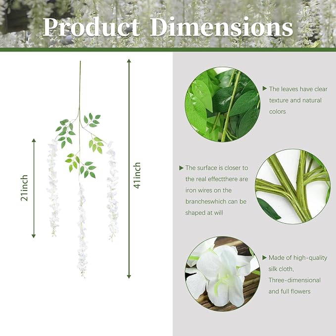 5 Pack White Wisteria Hanging Flowers, 3.44 Ft Fake Hanging Flowers, Artificial Wisteria Garland Vines for Wedding Room Backdrop Outdoor Patio Garden Decoration