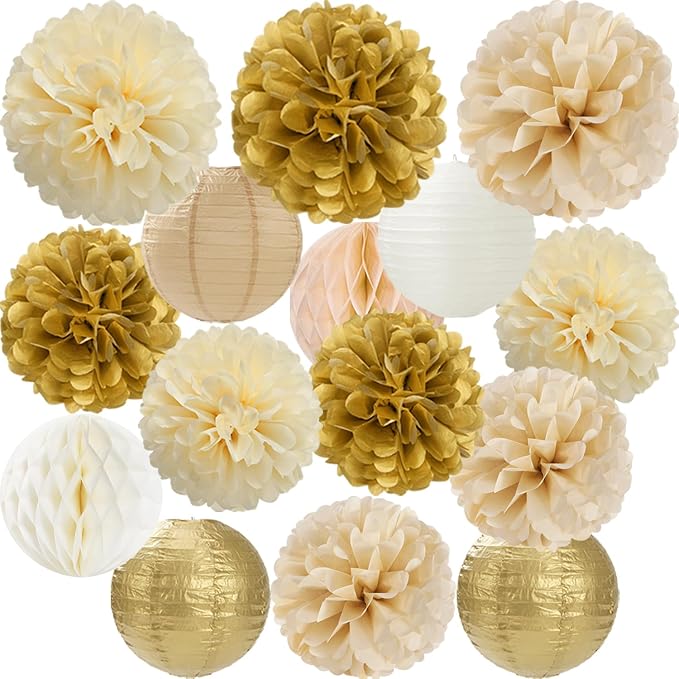 Gold White Champagne Beige Paper Flowers Tissue Pom Poms Honeycomb Lanterns 15pcs Party Decorations Engagement Birthday Wedding Baby Bridal Shower Hanging Supplies Mprocherify