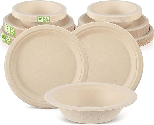 Havawish 75 Pcs Compostable Paper Plates and Bowls Set 9 Inch 10 Inch Disposable Plate 16oz Biodegradable Bowls for 25 Guests Party Dinner Party Supplies Bulk
