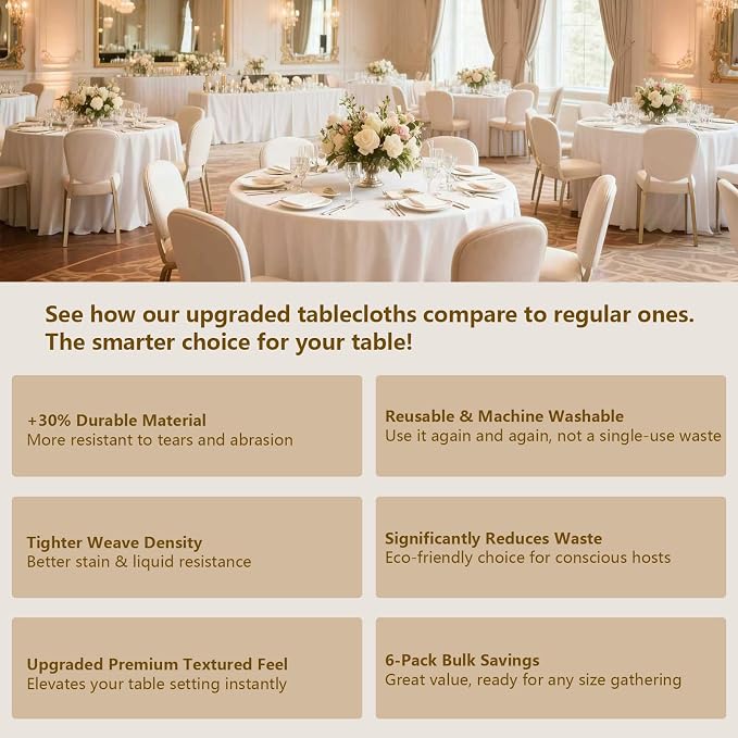 White Round Tablecloths 6-Pack, 120 Inches in Diameter | Reusable & Washable Table Cloths for 30-72 Inch Round Tables, Polyester Fabric Tablecloth for Wedding, Party, Banquet