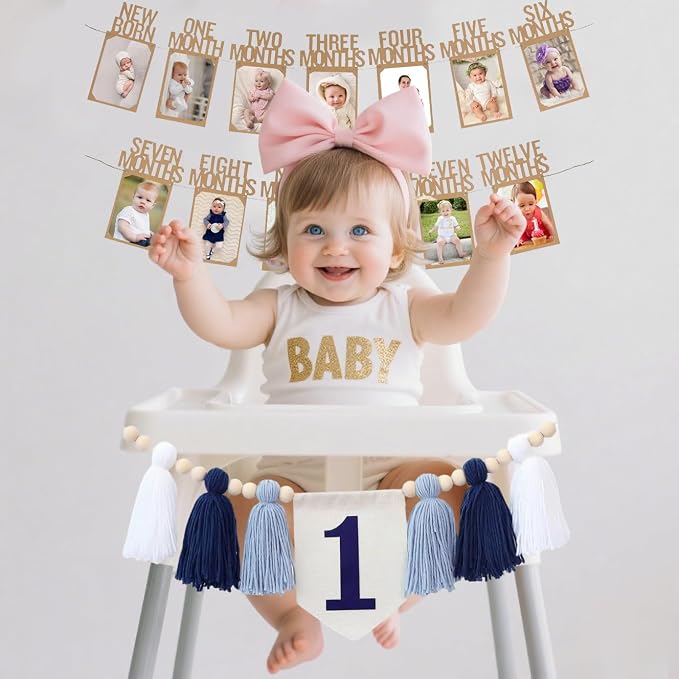 Handmade 1st Birthday High Chair Banner Birthday Decorations for Baby Boy with Garland Crown Hat Wild One Cake Topper Baby Photo Banner for Boy Wall Hangings Decorations(White)
