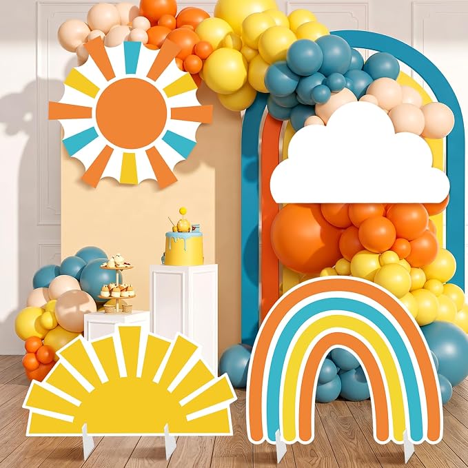 4 Pcs Here Comes the Son Baby Shower Decoration, Large Sun Cloud Rainbow Cardboard Cutouts Props, Retro Sunshine Themed Standups for Photo Booth & Boy First Birthday Decor