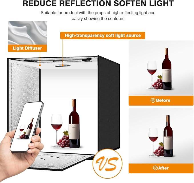Light Box Photography 20"x20" with 160LED Lights and 4 Color Backdrops Photo Box with Lights, Foldable Light Box with Adjustable Brightness, 3000-6500K Dimmable Portable Picture Box Shooting
