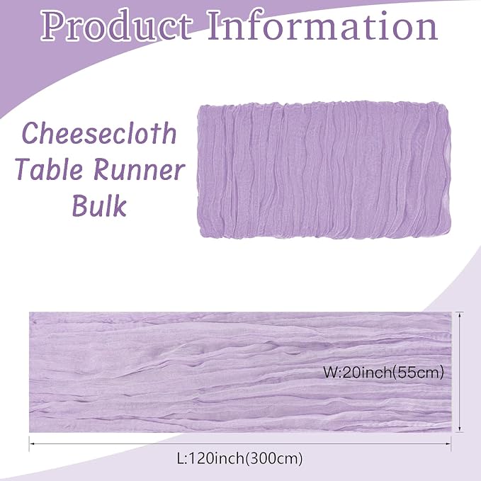 16 Pack Cheesecloth Table Runners 20" x 120", Boho Gauze Table Decor for Wedding, Bridal Shower, Birthday Party, Long Romantic Runner(Lavender)