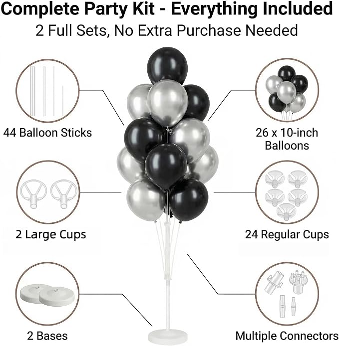 Balloon Column Kit for Floor-Balloon Columns with Stand, Base and Pole,Balloon Tower Backdrop Decoration for Wedding, Baby Shower, Birthday Party, or Bachelorette Parties (BLACK SILVER)