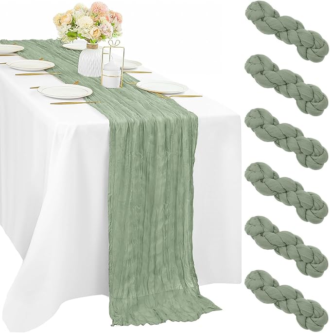6 Pcs Sage Green Cheesecloth Table Runner 10FT Runner for Tables 35 x 120 Inches Long Gauze Boho Fabric Table Runner Decoration Rustic Sheer Runner for Wedding Birthday Baby Shower Party (Sage Green)